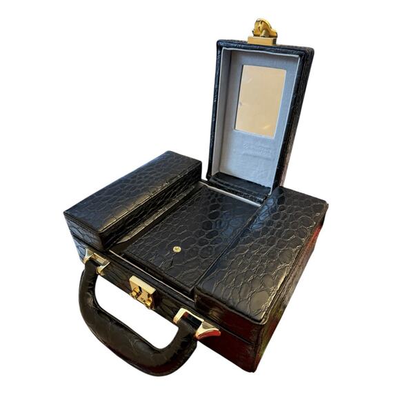 International Silver Co. Jewelry Box Travel Case Croc Embossed Black Patent - Picture 3 of 10